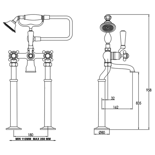 JTP Grosvenor Cross Freestanding Bath Shower Mixer Tap with Kit - Antique Brass - Envy Bathrooms Ltd