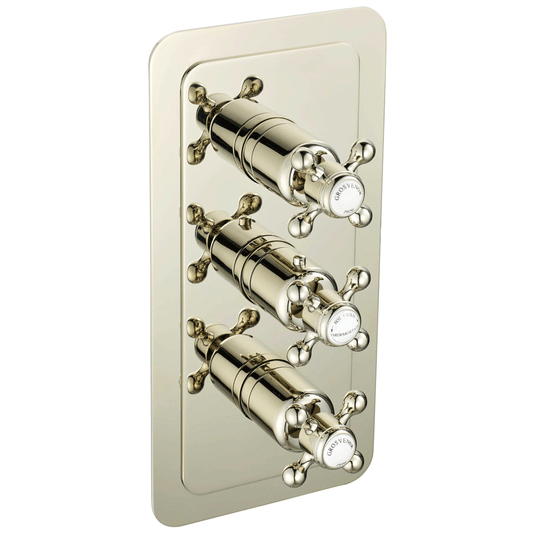 JTP Grosvenor Cross Vertical Thermostatic 2-Outlets Concealed Shower Valve - Triple Handle - Nickel - Envy Bathrooms Ltd