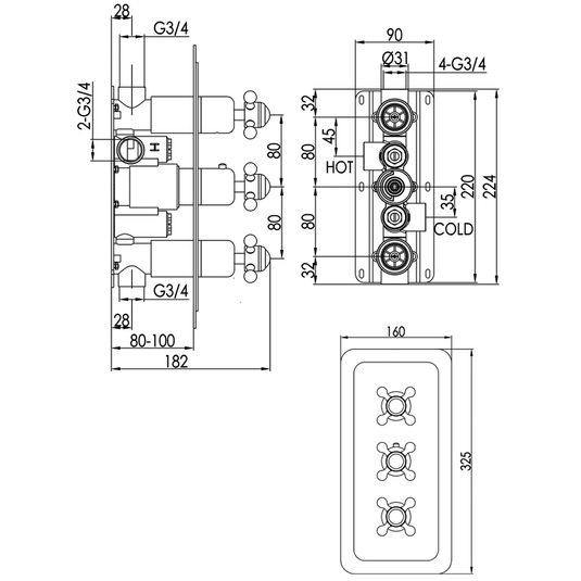 JTP Grosvenor Cross Vertical Thermostatic 2-Outlets Concealed Shower Valve - Triple Handle - Nickel - Envy Bathrooms Ltd