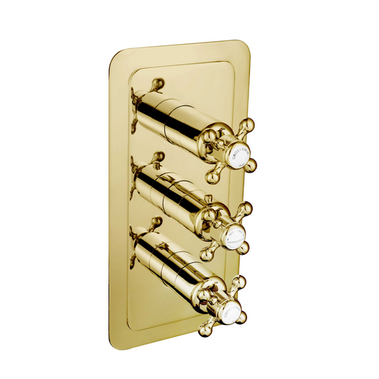 JTP Grosvenor Cross Vertical Thermostatic 2-Outlets Concealed Shower Valve - Triple Handle - Polished Gold - 76690G - Envy Bathrooms Ltd