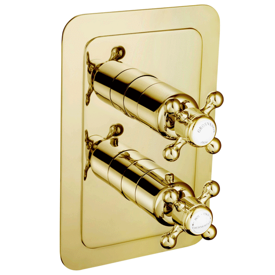 JTP Grosvenor Cross Vertical Thermostatic Concealed 1 Outlet Shower Valve Dual Handle - Gold/White - Envy Bathrooms Ltd