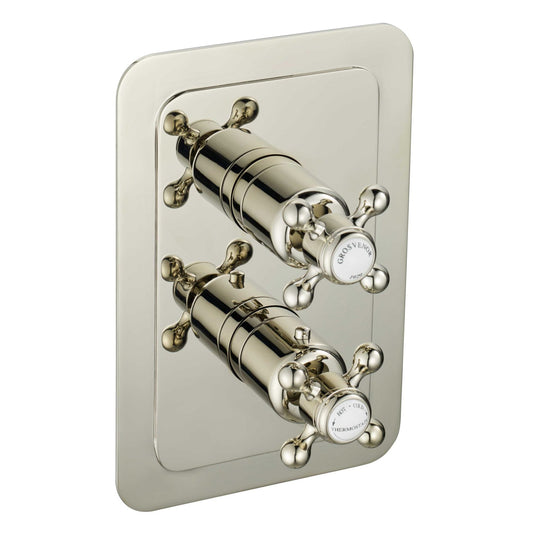 JTP Grosvenor Cross Vertical Thermostatic Concealed 1 Outlet Shower Valve Dual Handle - Nickel - 76651NK - Envy Bathrooms Ltd