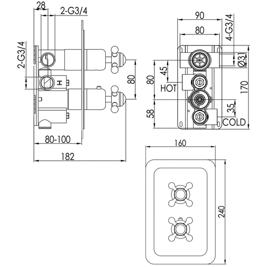 JTP Grosvenor Cross Vertical Thermostatic Concealed 2 Outlets Shower Valve Dual Handle - Chrome - Envy Bathrooms Ltd