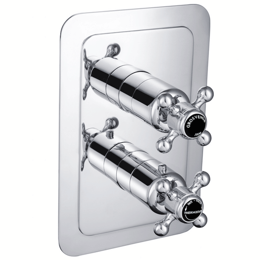 JTP Grosvenor Cross Vertical Thermostatic Concealed 2 Outlets Shower Valve Dual Handle - Chrome/Black - Envy Bathrooms Ltd