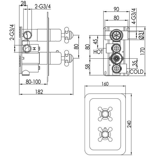 JTP Grosvenor Cross Vertical Thermostatic Concealed 2 Outlets Shower Valve Dual Handle - Chrome/Black - Envy Bathrooms Ltd