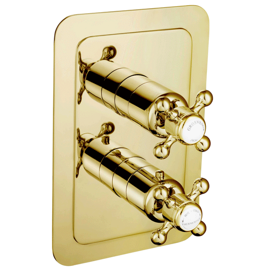 JTP Grosvenor Cross Vertical Thermostatic Concealed 2 Outlets Shower Valve Dual Handle - Gold/White - Envy Bathrooms Ltd