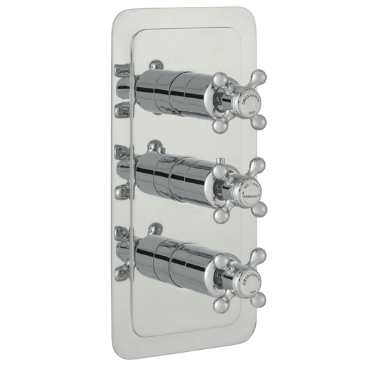 JTP Grosvenor Cross Vertical Thermostatic Concealed 2 Outlets Shower Valve Triple Handle - Chrome - Envy Bathrooms Ltd