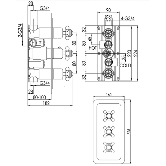 JTP Grosvenor Cross Vertical Thermostatic Concealed 2 Outlets Shower Valve Triple Handle - Chrome - Envy Bathrooms Ltd