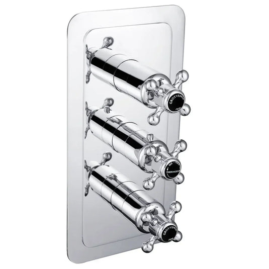 JTP Grosvenor Cross Vertical Thermostatic Concealed 2 Outlets Shower Valve Triple Handle - Chrome/Black - Envy Bathrooms Ltd