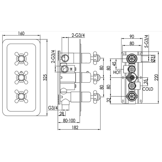 JTP Grosvenor Cross Vertical Thermostatic Concealed 3 Outlets Shower Valve - Chrome - Envy Bathrooms Ltd