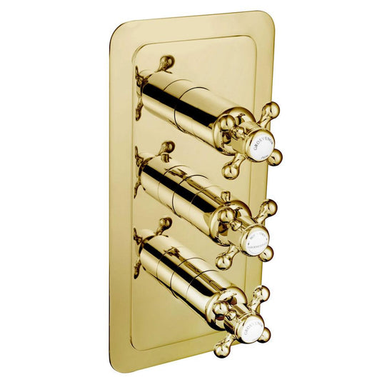 JTP Grosvenor Cross Vertical Thermostatic Concealed 3 Outlets Shower Valve Triple Handle - Gold/White - Envy Bathrooms Ltd