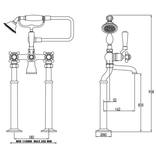 JTP Grosvenor Crosshead and Lever Black indices Freestanding Bath Shower Mixer Tap with Shower Kit - Chrome - Envy Bathrooms Ltd