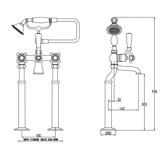 JTP Grosvenor Crosshead and Lever Freestanding Bath Shower Mixer Tap with Shower Kit - Chrome - Envy Bathrooms Ltd
