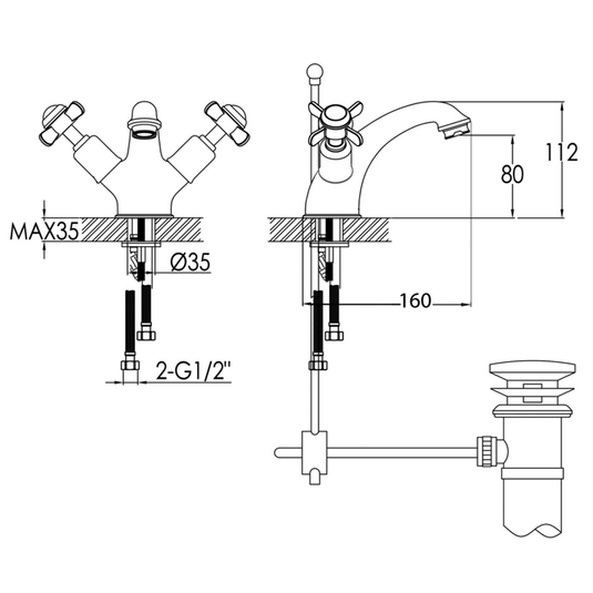 JTP Grosvenor Deck Mounted Basin Mixer Tap with Pop-up Waste - Nickel - Envy Bathrooms Ltd