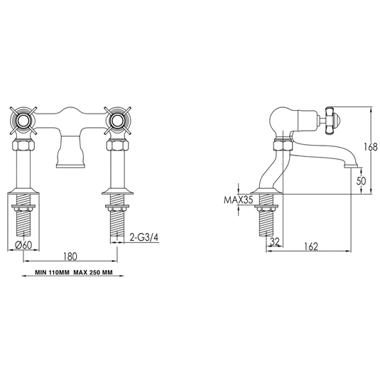 JTP Grosvenor Deck Mounted Bath Filler Tap - Pinch Handle - Nickel - Envy Bathrooms Ltd