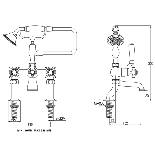 JTP Grosvenor Deck Mounted Bath Shower Mixer Tap Pinch Handle with Kit - Chrome/Black - Envy Bathrooms Ltd