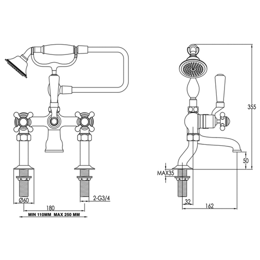 JTP Grosvenor Deck Mounted Bath Shower Mixer Tap with Kit - Crosshead Handle - Nickel - Envy Bathrooms Ltd