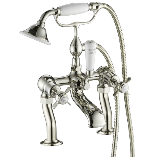 JTP Grosvenor Deck Mounted Bath Shower Mixer Tap with Kit - Pinch Handle - Nickel - Envy Bathrooms Ltd