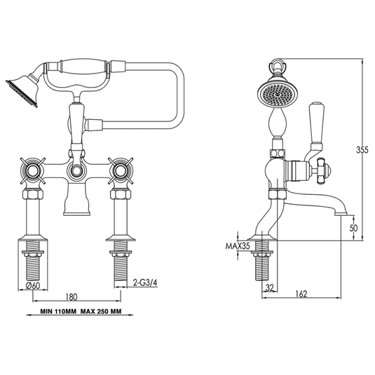 JTP Grosvenor Deck Mounted Bath Shower Mixer Tap with Kit - Pinch Handle - Nickel - Envy Bathrooms Ltd