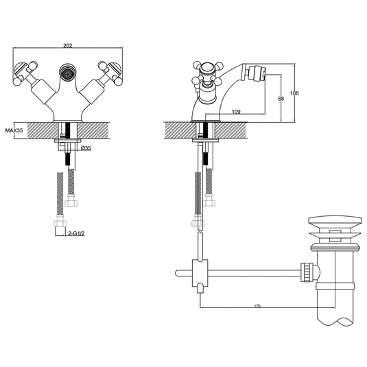 JTP Grosvenor Deck Mounted Crosshead Bidet Mixer Tap with Pop-up Waste - Chrome - Envy Bathrooms Ltd