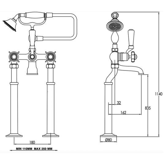 JTP Grosvenor Freestanding Bath Shower Mixer Tap with Shower Kit - Nickel - Envy Bathrooms Ltd