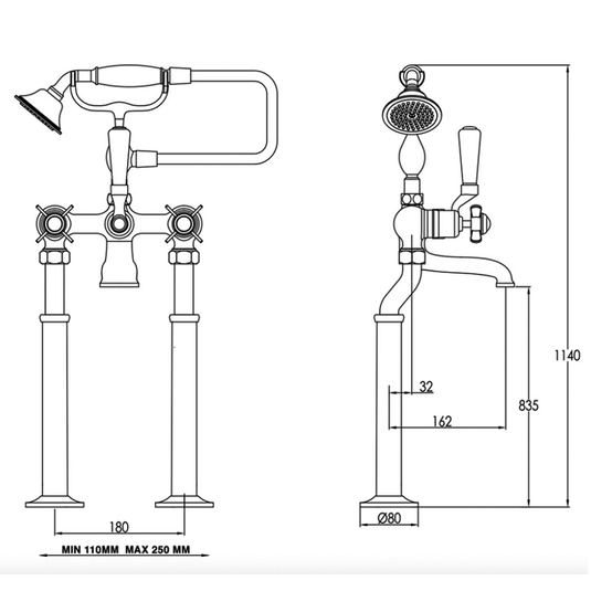 JTP Grosvenor Freestanding Bath Shower Mixer Tap with Shower Kit - Pinch Handle - Chrome - Envy Bathrooms Ltd