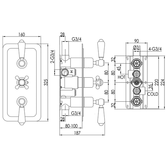 JTP Grosvenor Horizontal Thermostatic 2-Outlets Concealed Shower Valve - Triple Handle - Chrome - Envy Bathrooms Ltd