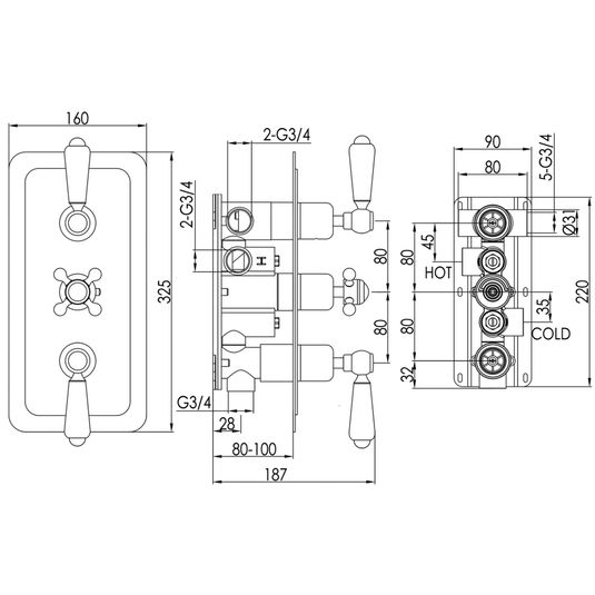 JTP Grosvenor Horizontal Thermostatic 3-Outlets Concealed Shower Valve - Triple Handle - Chrome - Envy Bathrooms Ltd