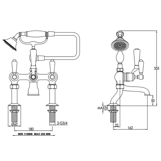 JTP Grosvenor Lever Handle Bath Shower Mixer Tap with Shower Kit - Antique Brass - Envy Bathrooms Ltd