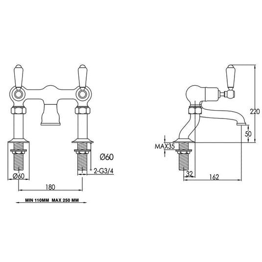 JTP Grosvenor Lever Handle Deck Mounted Bath Filler Tap - Antique Brass - Envy Bathrooms Ltd