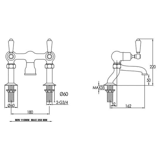 JTP Grosvenor Lever Handle Deck Mounted Bath Filler Tap - Antique Brass - Envy Bathrooms Ltd