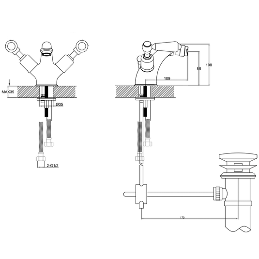 JTP Grosvenor Lever Handle Deck Mounted Bidet Mixer Tap with Pop-up Waste - Chrome - Envy Bathrooms Ltd