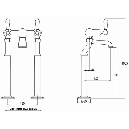 JTP Grosvenor Lever Handle Freestanding Bath Filler Tap - Nickel - Envy Bathrooms Ltd