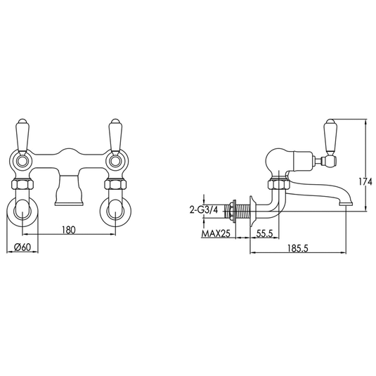 JTP Grosvenor Lever Handle Wall Mounted Bath Filler Tap - Antique Brass - Envy Bathrooms Ltd