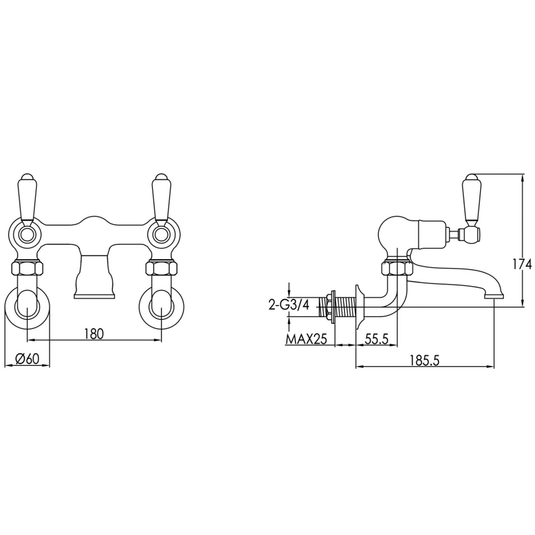 JTP Grosvenor Lever Handle Wall Mounted Bath Filler Tap - Nickel - Envy Bathrooms Ltd