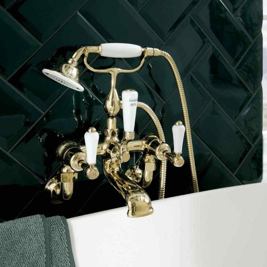 JTP Grosvenor Lever Handle Wall Mounted Bath Shower Mixer Tap with Shower Kit - Antique Brass - Envy Bathrooms Ltd