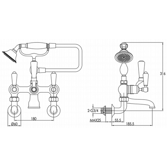 JTP Grosvenor Lever Handle Wall Mounted Bath Shower Mixer Tap with Shower Kit - Antique Brass - Envy Bathrooms Ltd