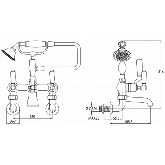 JTP Grosvenor Lever Handle Wall Mounted Bath Shower Mixer Tap with Shower Kit - Nickel - Envy Bathrooms Ltd