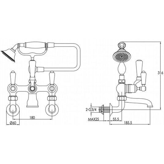 JTP Grosvenor Lever Handle Wall Mounted Bath Shower Mixer Tap with Shower Kit - Chrome - Envy Bathrooms Ltd