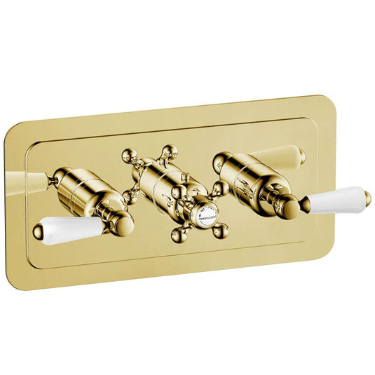 JTP Grosvenor Lever Horizontal Thermostatic Concealed 2 Outlets Shower Valve Triple Handle - Gold/White - Envy Bathrooms Ltd