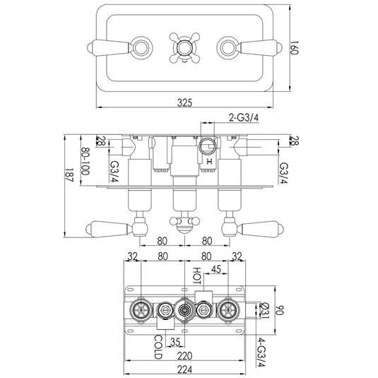 JTP Grosvenor Lever Horizontal Thermostatic Concealed 2 Outlets Shower Valve Triple Handle - Gold/White - Envy Bathrooms Ltd