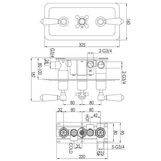 JTP Grosvenor Lever Horizontal Thermostatic Concealed 3 Outlets Shower Valve Triple Handle - Gold/White - Envy Bathrooms Ltd