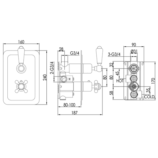 JTP Grosvenor Lever Thermostatic Concealed 1 Outlet Shower Valve - Chrome/Black - Envy Bathrooms Ltd