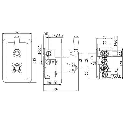 JTP Grosvenor Lever Vertical Thermostatic 2-Outlets Concealed Shower Valve - Dual Handle - Nickel - Envy Bathrooms Ltd