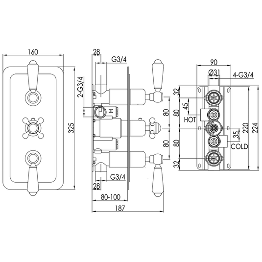 JTP Grosvenor Lever Vertical Thermostatic 2-Outlets Concealed Shower Valve - Triple Handle - Nickel - Envy Bathrooms Ltd