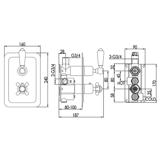 JTP Grosvenor Lever Vertical Thermostatic Concealed 1 Outlet Shower Valve Dual Handle - Gold/White - Envy Bathrooms Ltd