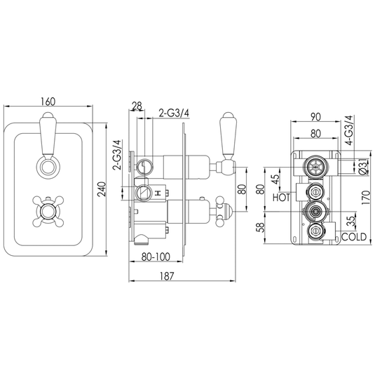 JTP Grosvenor Lever Vertical Thermostatic Concealed 2 Outlets Shower Valve Dual Handle - Chrome - Envy Bathrooms Ltd