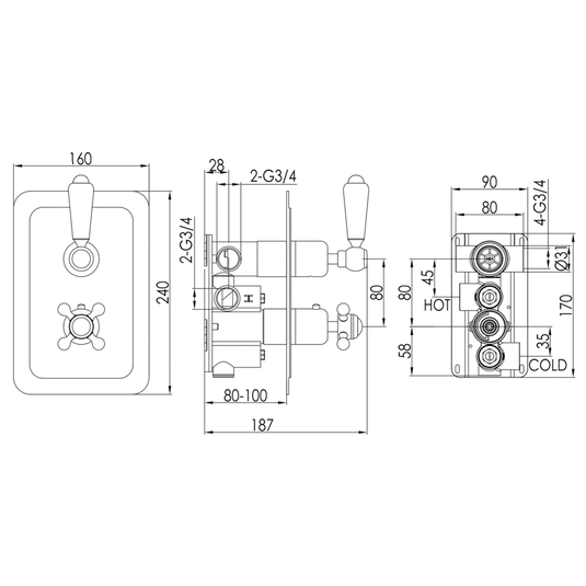 JTP Grosvenor Lever Vertical Thermostatic Concealed 2 Outlets Shower Valve Dual Handle - Gold/White - Envy Bathrooms Ltd