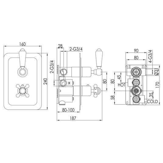 JTP Grosvenor Lever Vertical Thermostatic Concealed 2 Outlets Shower Valve Dual Handle - Gold/White - Envy Bathrooms Ltd
