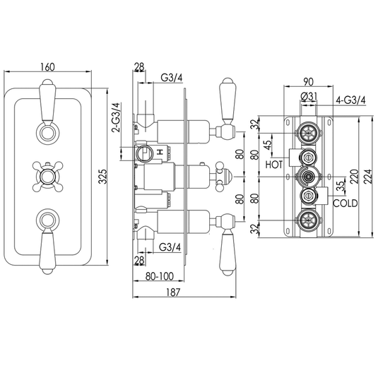 JTP Grosvenor Lever Vertical Thermostatic Concealed 2 Outlets Shower Valve Triple Handle - Chrome - Envy Bathrooms Ltd